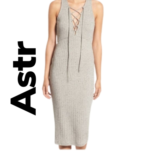 ASTR The Label Gray Heather With Black Dots Lace Up Front Ribbed Knit Dress Sz S - Picture 1 of 13